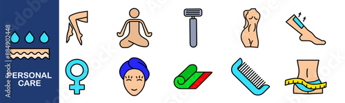 Personal care set icon. Shower, yoga, razor, body, waxing, female, hair wrap, towel, comb, waist, wellness, hygiene.