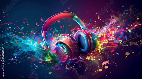 Colorful headphones and musical notes create a vibrant soundscape, immersing you in a world of melody and rhythm.