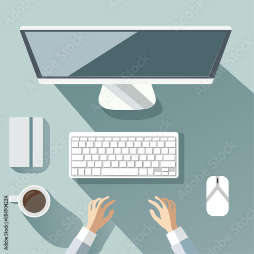 Illustration of top view of a character typing on a keyboard 