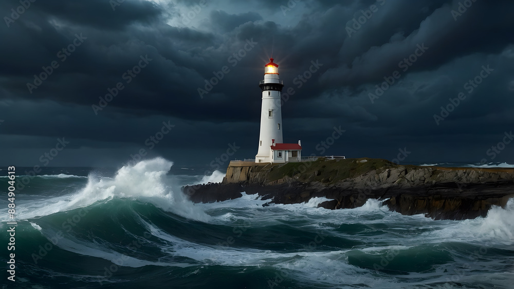 A lit lighthouse in the middle of stormy sea, a concept for hope and resilience A lit lighthouse in the middle of stormy sea, a concept for hope and resilience