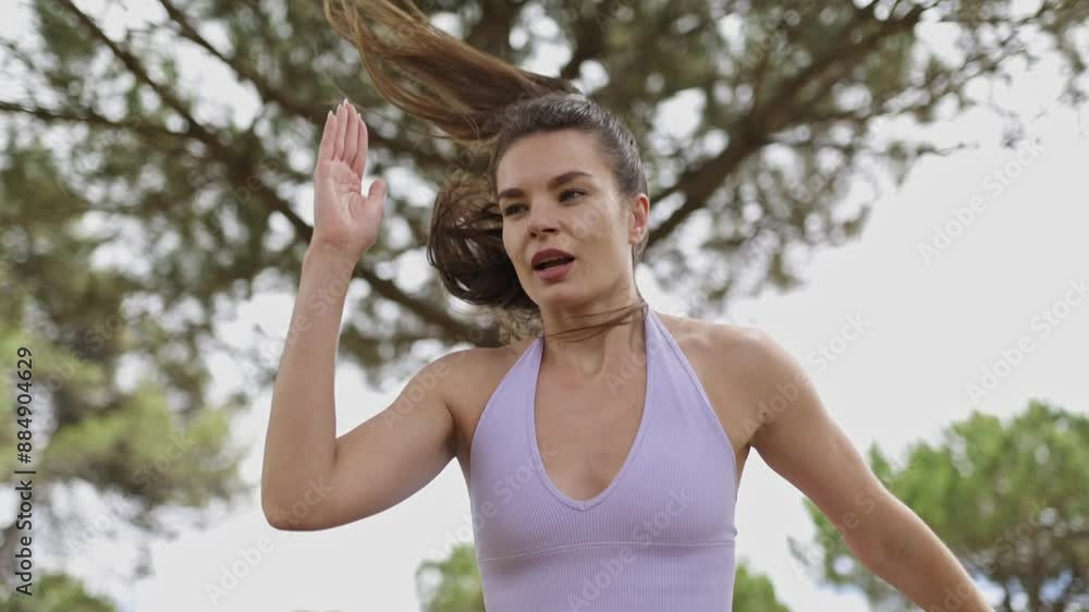 A woman is running in a park with trees in the background A woman is running in a park with trees in the background