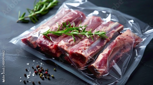 Raw uncooked beef steaks in vacuum packed air sealed sous vide bag set, tomahawk, t bone and club steak cuts, on old dark wooden table background, top view flat lay