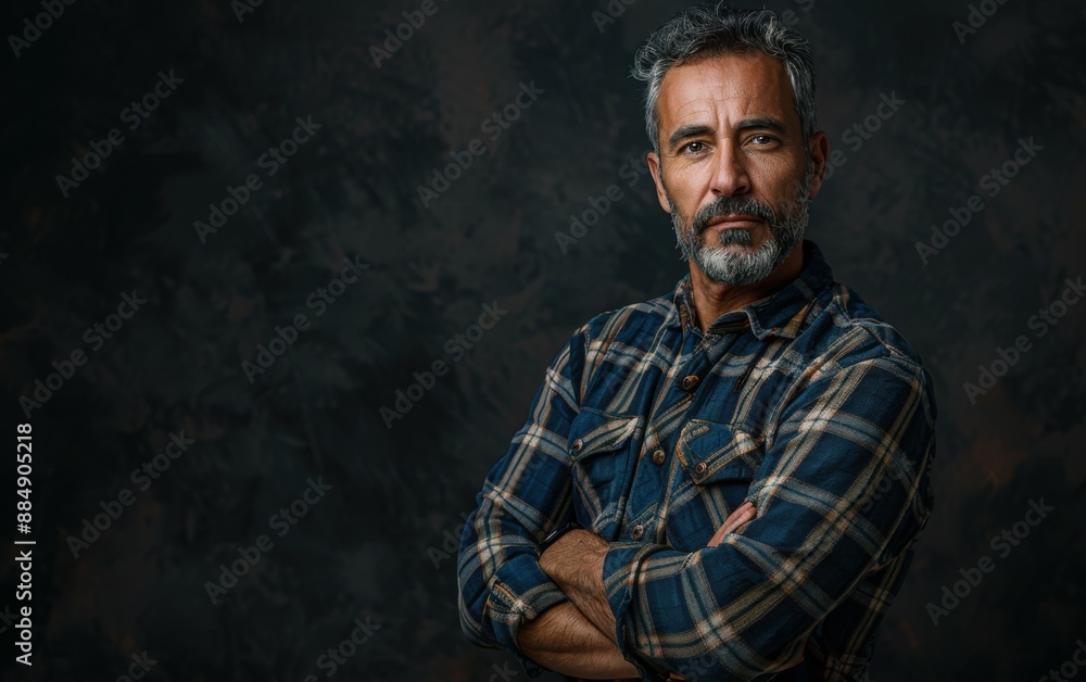 A man with a beard and a plaid shirt is standing in front of a dark background. He is looking directly at the camera and has his arms crossed A man with a beard and a plaid shirt is standing in front of a dark background. He is looking directly at the camera and has his arms crossed