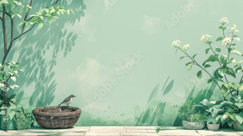 A minimal outdoor space featuring a bird's nest, evoking tranquility and simplicity, illustration background photo