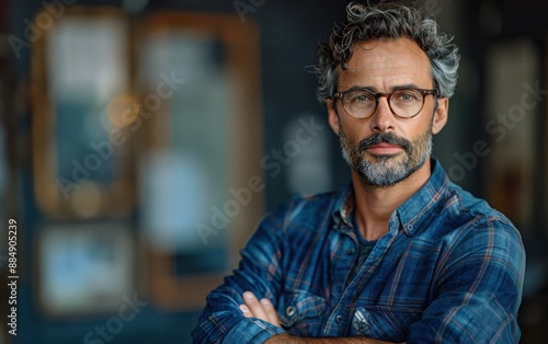 A man with glasses and a beard is standing in front of a wall. He is wearing a blue plaid shirt and has his arms crossed © imagineRbc