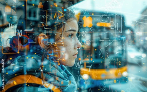 Wallpaper Mural A girl is looking out of a window of a bus. The bus is yellow and there are other vehicles in the background. The girl is wearing a blue jacket and a scarf Torontodigital.ca