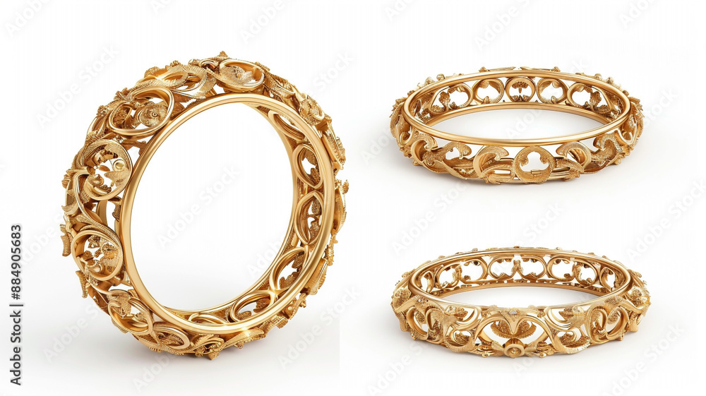 Fototapeta premium A close up of a gold frame with a decorative design on white background. Gold frame, close-up, decorative design, white background, ornate frame, elegant design, gold ornament, intricate detailing,