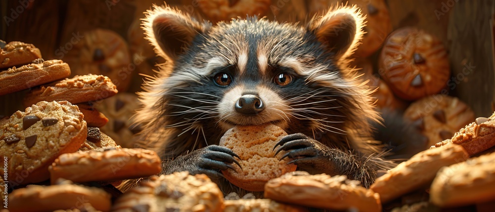 Close-up image of a raccoon holding a cookie, surrounded by more cookies Close-up image of a raccoon holding a cookie, surrounded by more cookies
