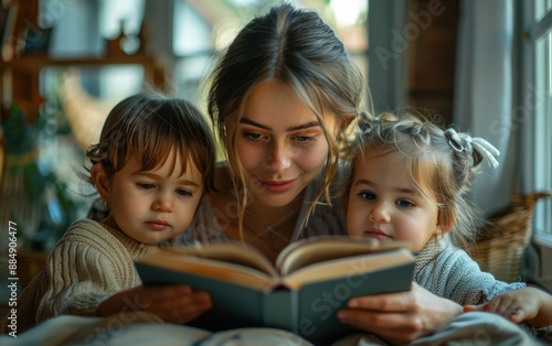 A woman is reading a book to two young children. The children are sitting on her lap and looking at the book. The woman is smiling and seems to be enjoying the moment. Scene is warm and loving
