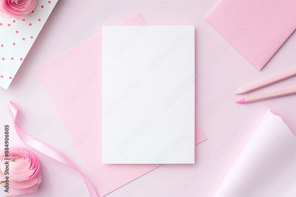 Blank White Greeting Card with Pink Stationery and ranunculus on Pastel Background Blank White Greeting Card with Pink Stationery and ranunculus on Pastel Background