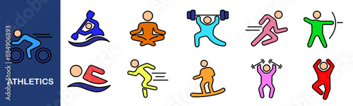 Athletics set icon. Cycling, swimming, yoga, weightlifting, sprinting, archery, snowboarding, fitness, exercise, training, health, active lifestyle, sports icons.