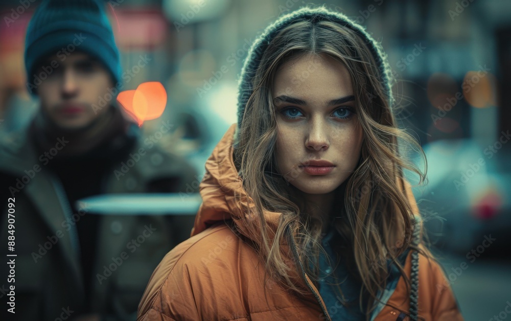 A woman in a yellow jacket stands in front of a man in a blue hat. The woman has a serious expression on her face A woman in a yellow jacket stands in front of a man in a blue hat. The woman has a serious expression on her face