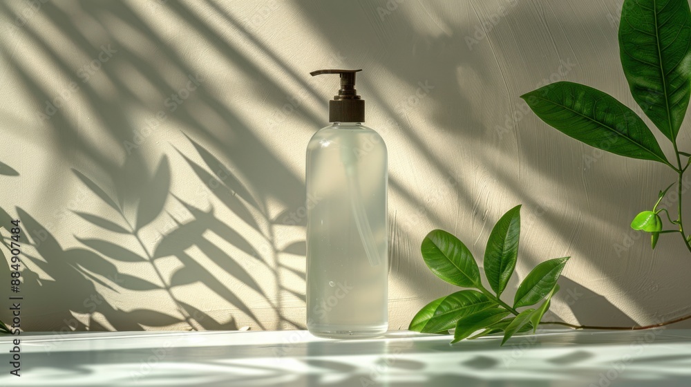 Minimalistic bottle with dispenser surrounded by green leaves and shadows on a white surface, light and shadow play. Minimalistic bottle with dispenser surrounded by green leaves and shadows on a white surface, light and shadow play.