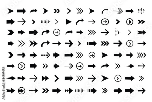 Arrow icon set. Collection different arrows sign. Arrows set of 96 black icons isolated on white background. Modern simple arrows. Vector illustration.