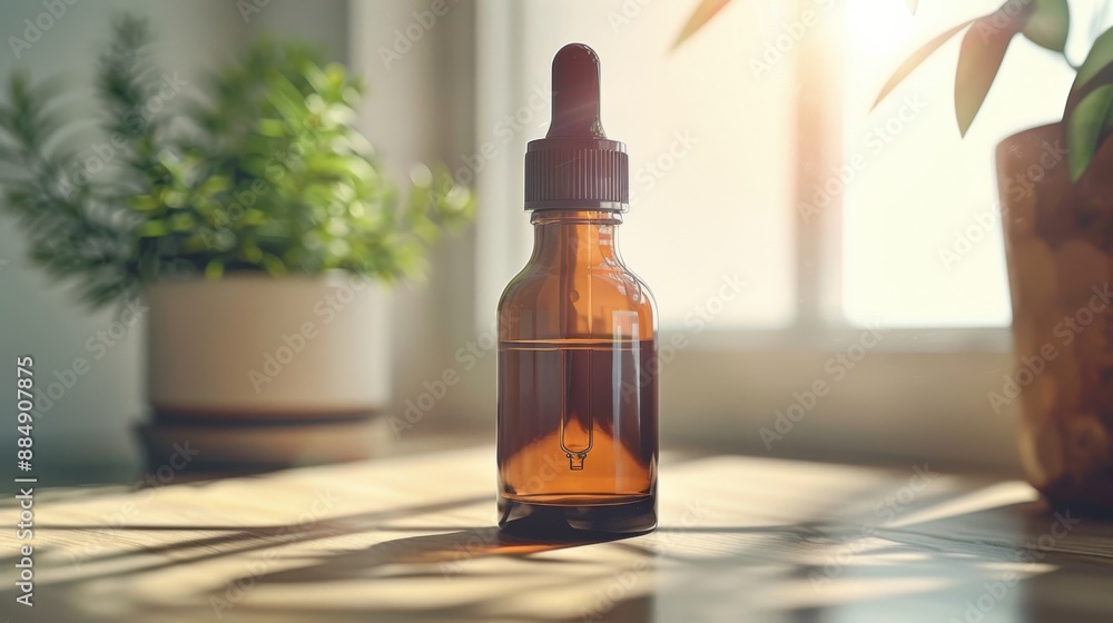 Amber glass dropper bottle placed on a sunlit wooden table, with plants in the background, evoking a natural and serene atmosphere. Amber glass dropper bottle placed on a sunlit wooden table, with plants in the background, evoking a natural and serene atmosphere.
