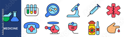 Medicine set icon. Test tubes, microscope, injection, ambulance, medicine, phone, blood, helicopter, research, healthcare, treatment, medical equipment, emergency.