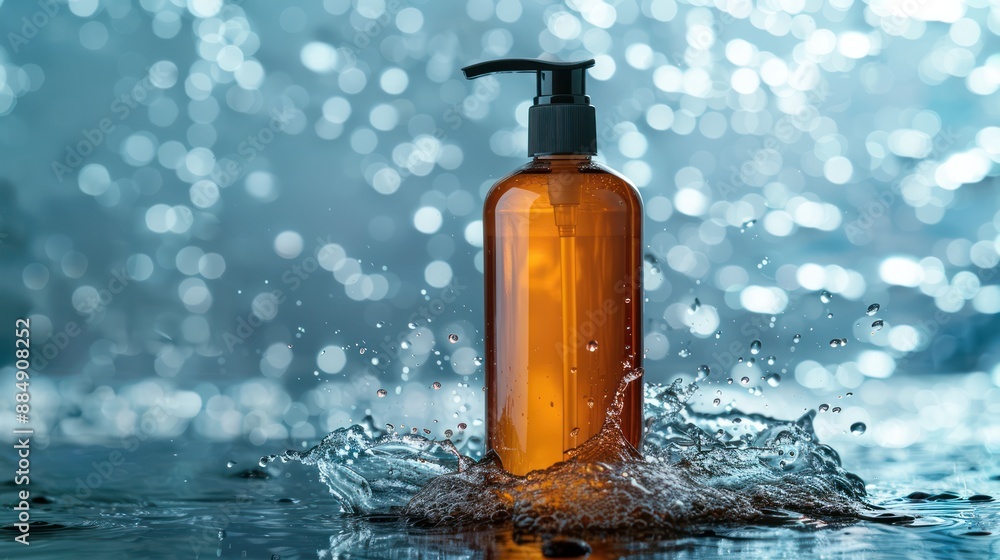 A brown pump bottle standing in water with splashes around it, against a bokeh background. A brown pump bottle standing in water with splashes around it, against a bokeh background.