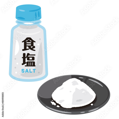 瓶に入った食塩と皿に盛られた食塩