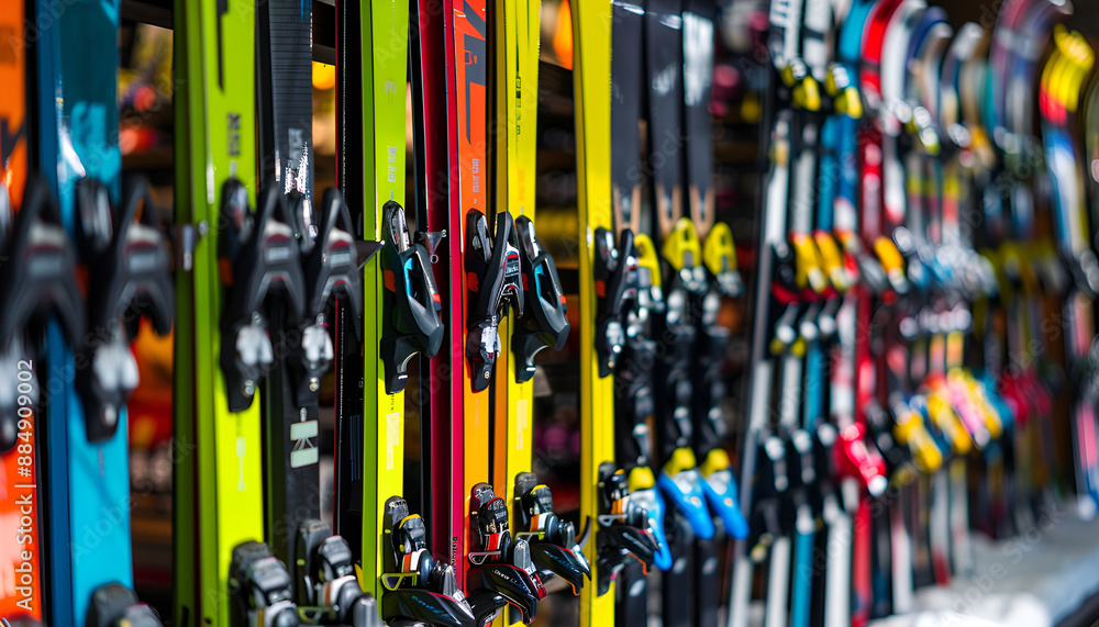 Ski shop sale. Rows of colourful alpine skis in modern sport equipment store Ski shop sale. Rows of colourful alpine skis in modern sport equipment store