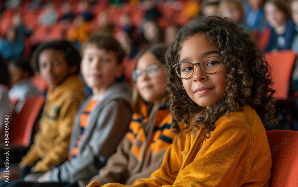 A group of children are sitting in a classroom, one of whom is wearing glasses and smiling. Concept of learning and camaraderie among the students A group of children are sitting in a classroom, one of whom is wearing glasses and smiling. Concept of learning and camaraderie among the students