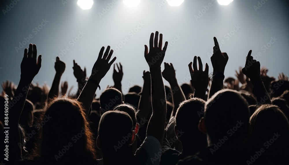 crowd of people are raised hands in the air on night concert crowd of people are raised hands in the air on night concert