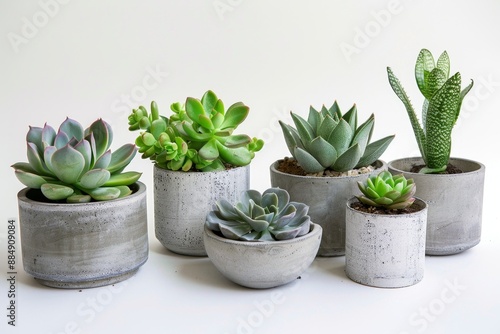 Minimalist concrete planters with a variety of succulents and cacti, set against a white background. Modern decor photo, ideal for home, office, or plant-focused projects. Generative AI