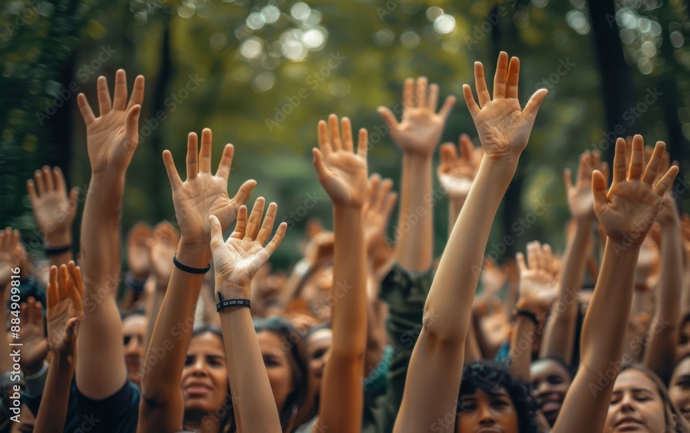 A group of people are raising their hands in the air, possibly in a celebration or a religious ceremony A group of people are raising their hands in the air, possibly in a celebration or a religious ceremony