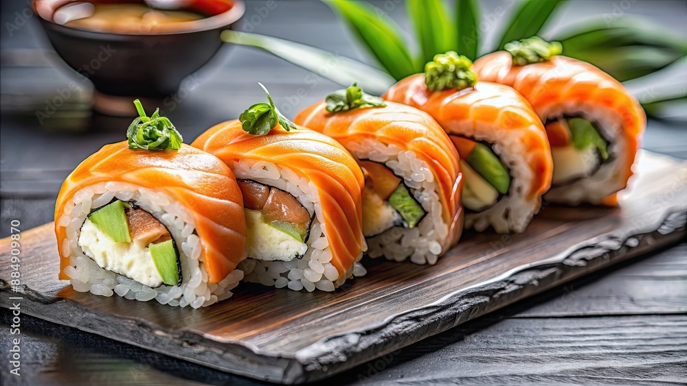 Savoring the art of seared salmon sushi rolls with a Japanese culinary twist , seared salmon, sushi Savoring the art of seared salmon sushi rolls with a Japanese culinary twist , seared salmon, sushi