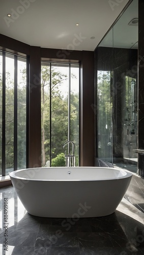 Freestanding tub as centerpiece in contemporary bathroo