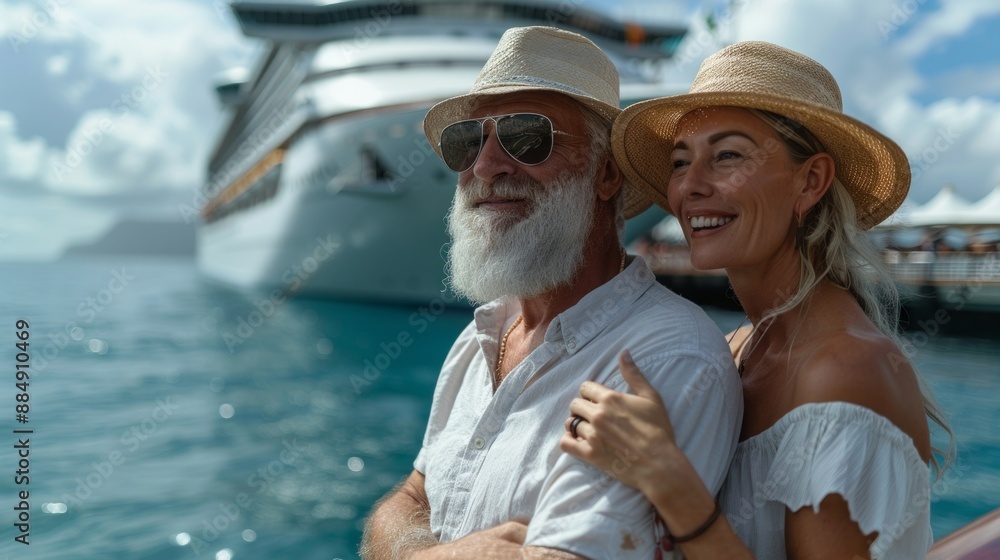 Senior couple ready for another cruise in front of a cruise ship. Senior couple ready for another cruise in front of a cruise ship.