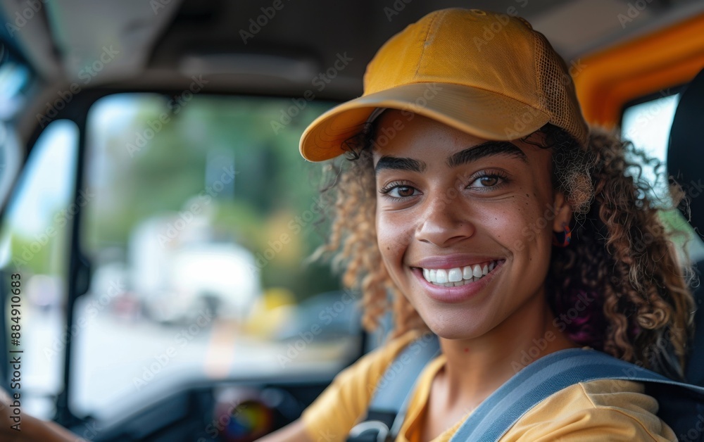 A woman with curly hair is smiling and wearing a yellow hat. She is driving a truck and she is happy