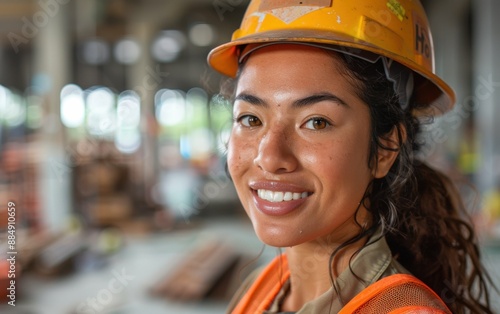 A woman wearing a yellow hard hat and orange vest is smiling. She is wearing a safety helmet and is standing in a construction area © imagineRbc