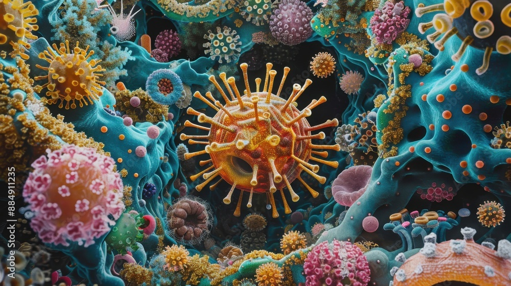 Fototapeta premium Microbiome: Diverse array of microorganisms living on and inside the human body, pivotal for health, digestion, immunity, and disease management.