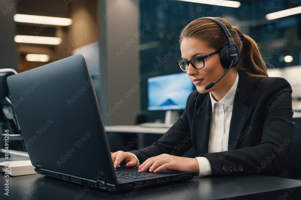 Business people Wearing Telephone Headset Talking To Caller In Customer Services Department Business people Wearing Telephone Headset Talking To Caller In Customer Services Department