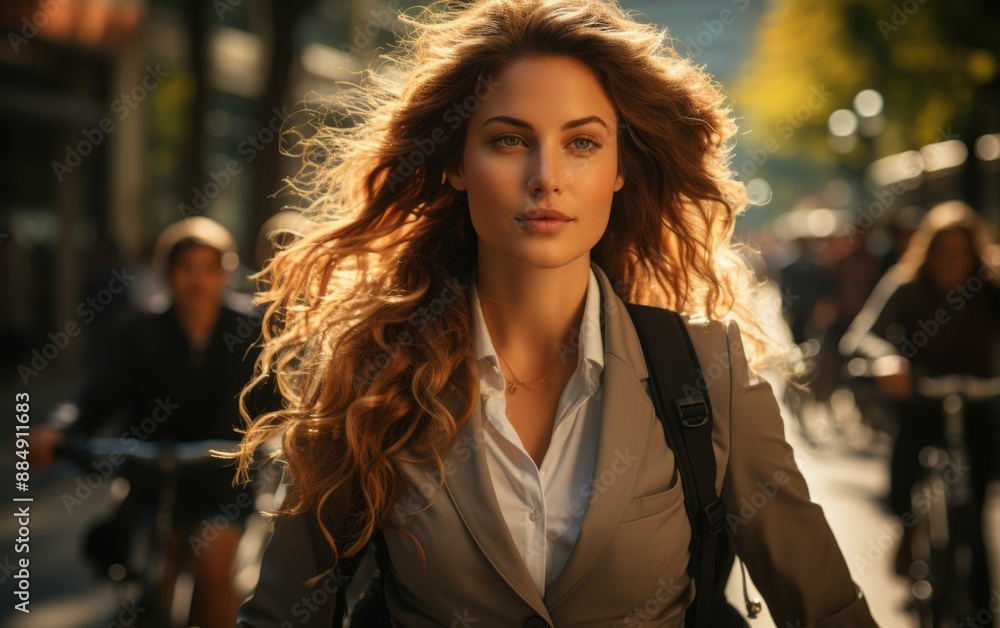 A woman with long hair is walking down a street with a backpack and a purse. She is wearing a suit and a white shirt. There are several other people in the scene, some of them riding bicycles A woman with long hair is walking down a street with a backpack and a purse. She is wearing a suit and a white shirt. There are several other people in the scene, some of them riding bicycles