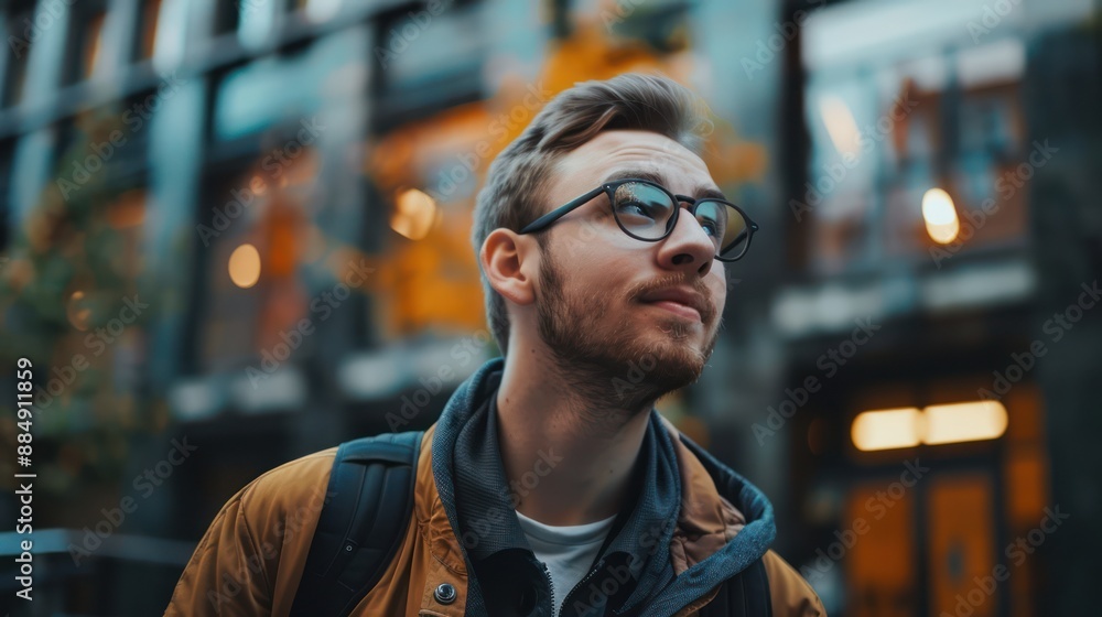 Young man with glasses in urban setting Young man with glasses in urban setting