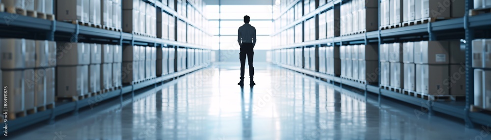 A manager's silhouette stands out in a warehouse full of cargo, showcasing the organized logistics system. The clean and spacious layout offers plenty of copy space for text or branding. A manager's silhouette stands out in a warehouse full of cargo, showcasing the organized logistics system. The clean and spacious layout offers plenty of copy space for text or branding.
