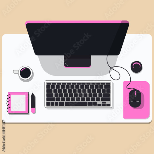 Vector of a top view of a work table setup pink and white theme 