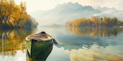 A canoe resting on the edge of an idyllic lake, surrounded by autumn foliage and gentle ripples in the water. An outdoor adventure travel concept. 