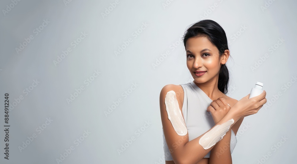 An Indian woman with black hair applying body cream on her arm against a white background Beauty treatment concept An Indian woman with black hair applying body cream on her arm against a white background Beauty treatment concept