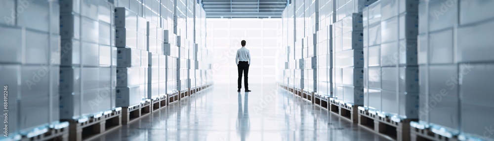 A manager's silhouette stands out in a warehouse full of cargo, showcasing the organized logistics system. The clean and spacious layout offers plenty of copy space for additional content. A manager's silhouette stands out in a warehouse full of cargo, showcasing the organized logistics system. The clean and spacious layout offers plenty of copy space for additional content.