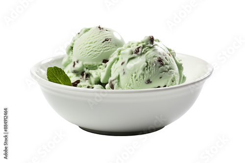 Mint chocolate chip ice cream PNG image with transparent background featuring fresh mint leaves and chocolate chunks ideal for dessert and food design projects photo