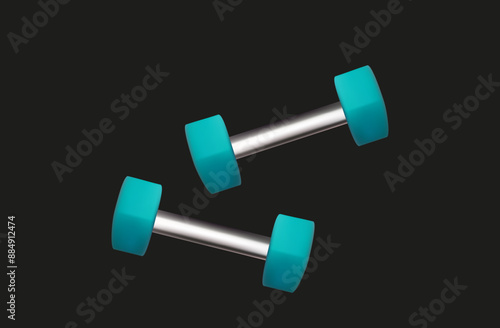 Dumbbells equipment. Training tool for fitness, active lifestyle, renewing body energy. Heavy sports equipment. Tool for weight loss, strengthening muscles in the gym. Vector 3d illustration.