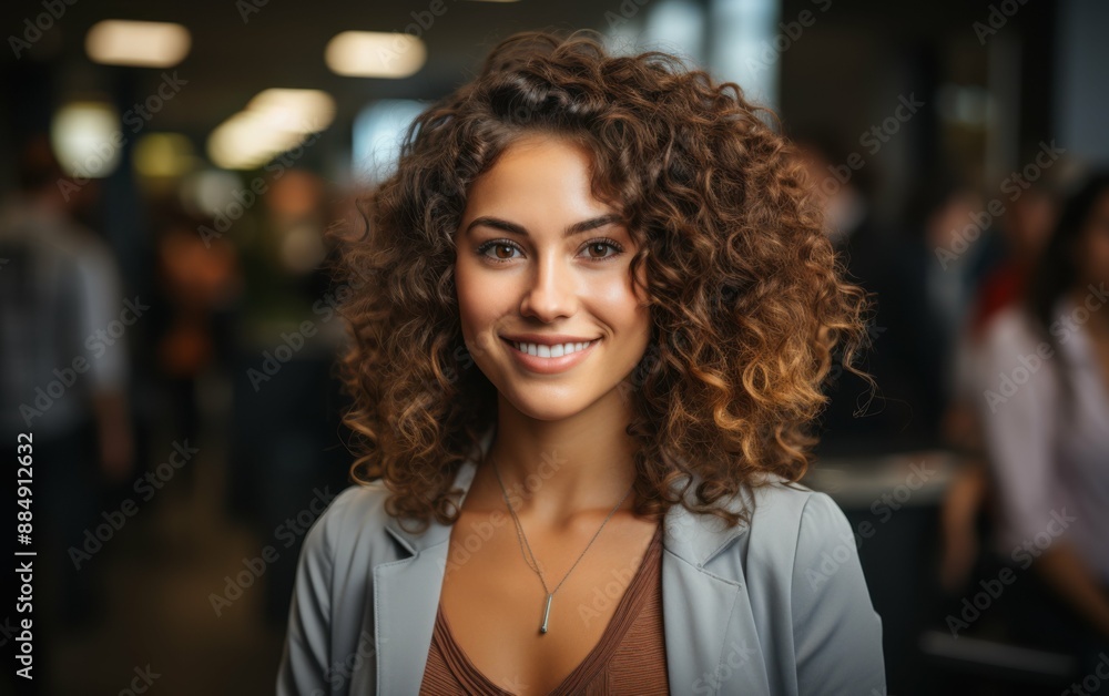 A woman with curly hair is smiling and wearing a necklace. She is standing in a room with other people A woman with curly hair is smiling and wearing a necklace. She is standing in a room with other people