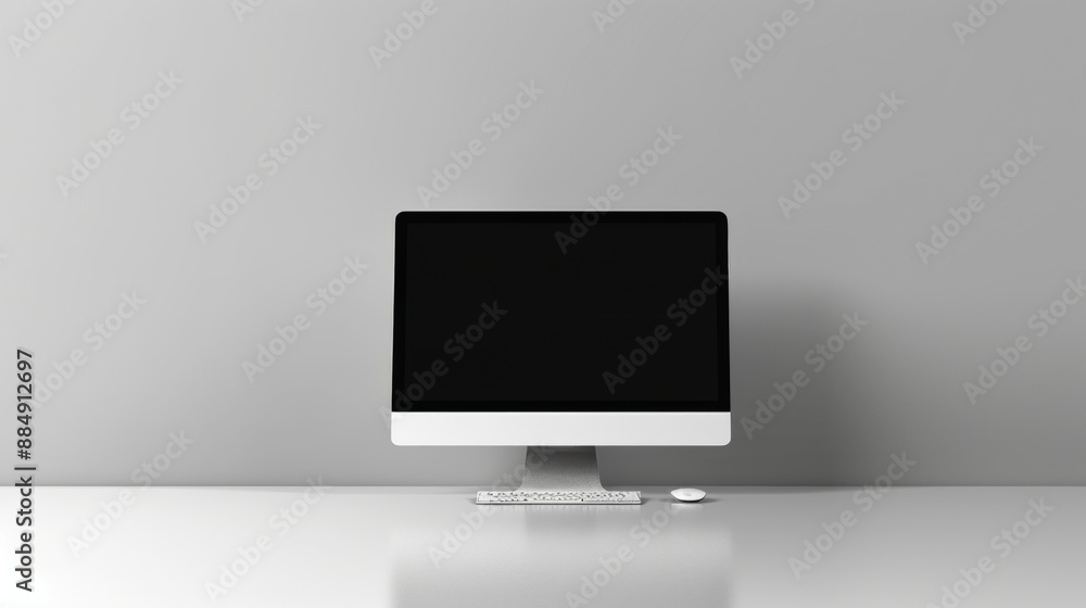 A Sleek Desktop Computer Setup With a Black Screen on a White Desk A Sleek Desktop Computer Setup With a Black Screen on a White Desk
