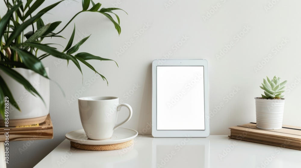 White Tablet, Coffee Mug, and Plants on a White Table White Tablet, Coffee Mug, and Plants on a White Table