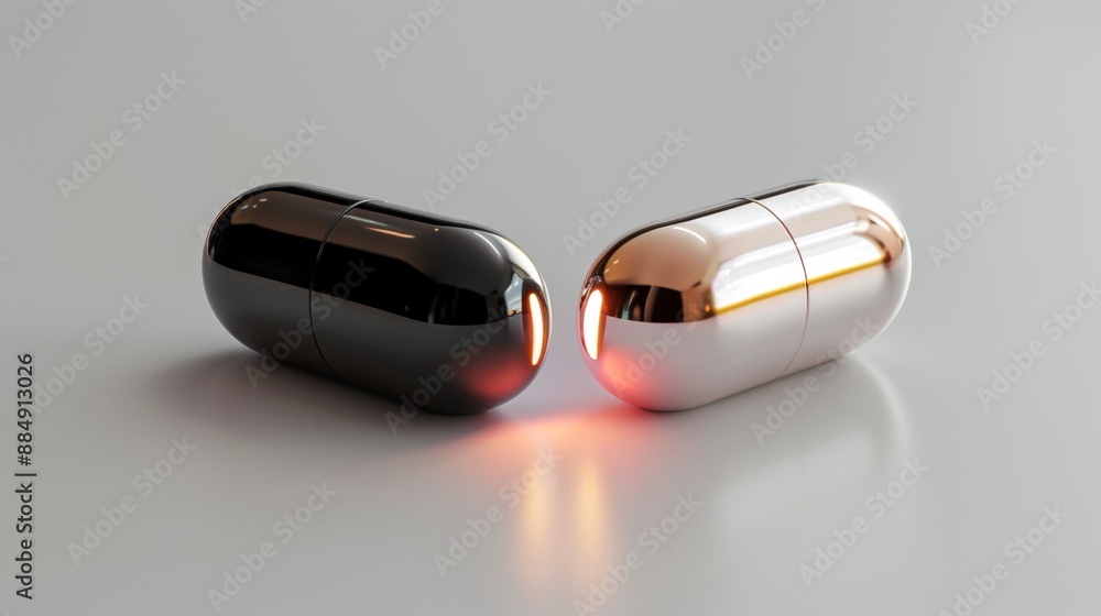 Two Metallic Capsules Glowing Red On White Surface Two Metallic Capsules Glowing Red On White Surface