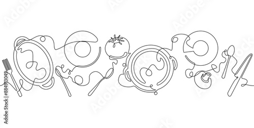 Vector illustration with utensils and vegetables isolated on white background. Graphic element for kitchen poster, advertising food blog or event, restaurant, cooking class, healthy eating, etc.