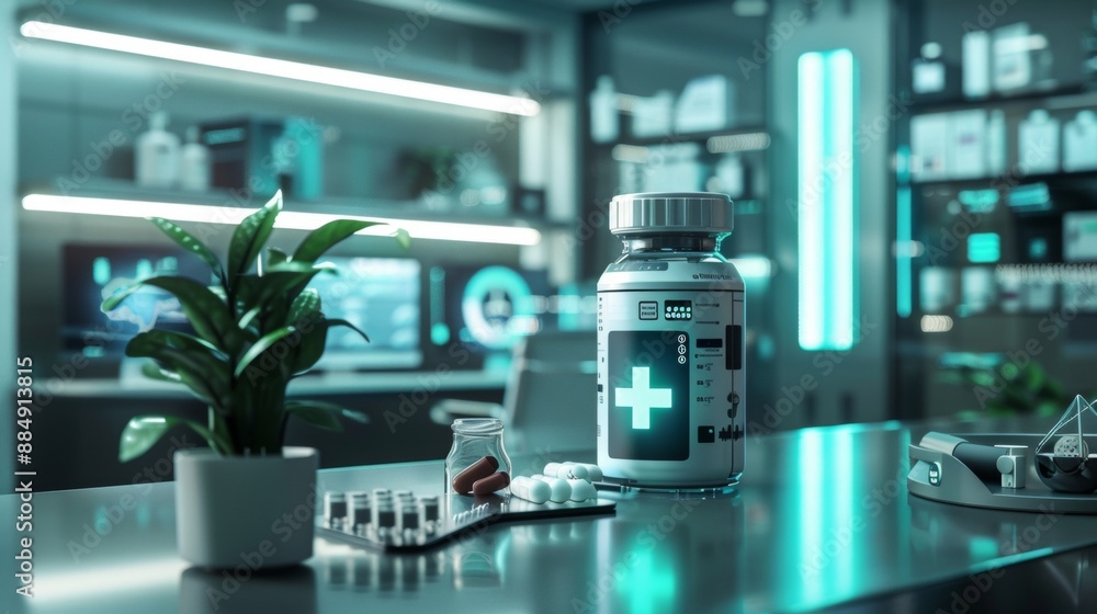 Modern Laboratory Table With Medicine Bottle and Plant Modern Laboratory Table With Medicine Bottle and Plant