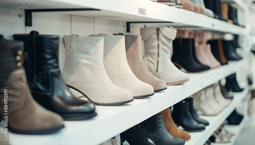 Closeup of leather and suede womens ankle boots displayed on shelves in shoe boutique